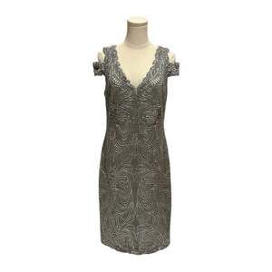 Tadashi Shoji Cold Shoulder Embroidered Corded Lace Sheath Cocktail Dress Grey